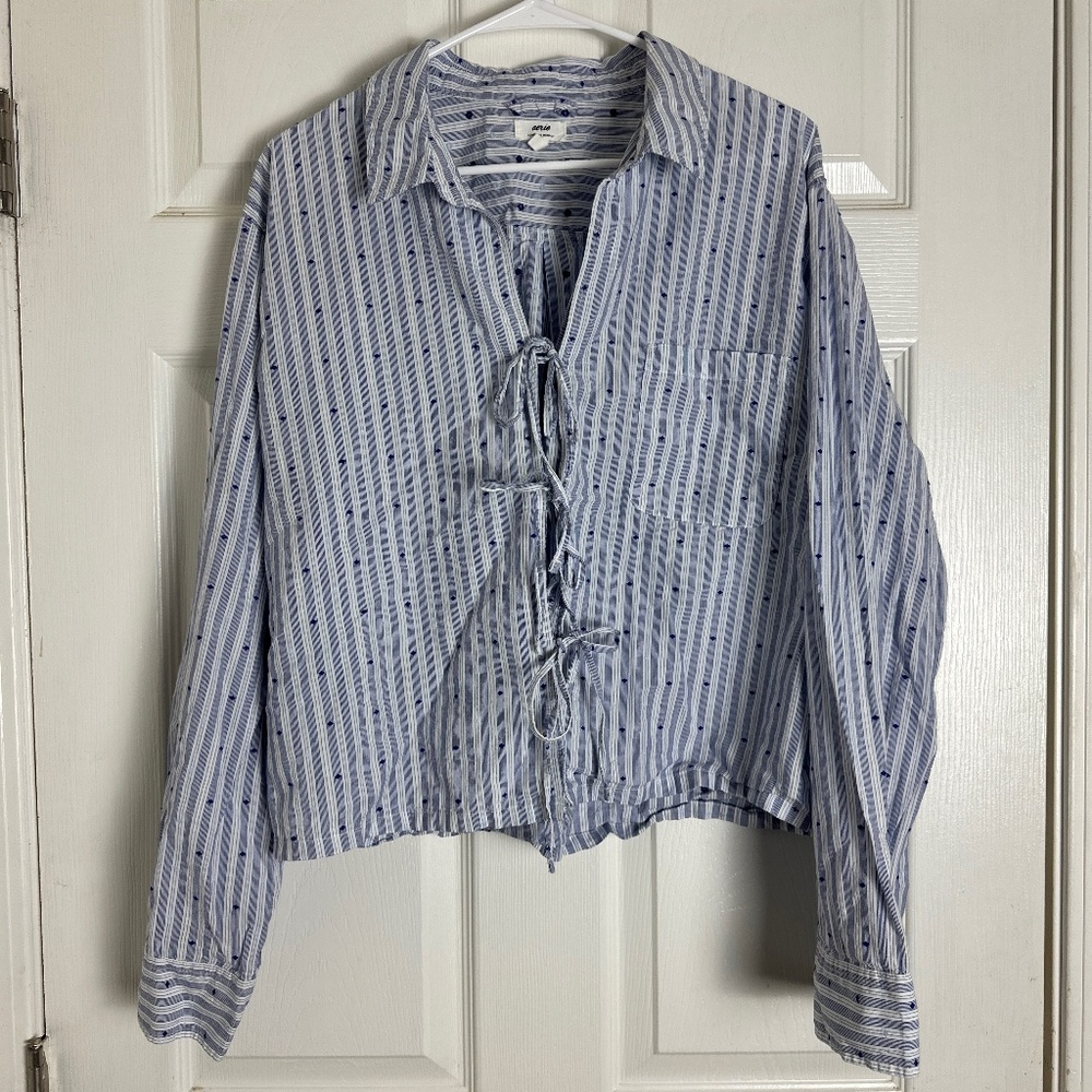 Aerie Beachy Vacation Off-Duty Poplin Tie Front Ocean Sky Shirt Women Size XL